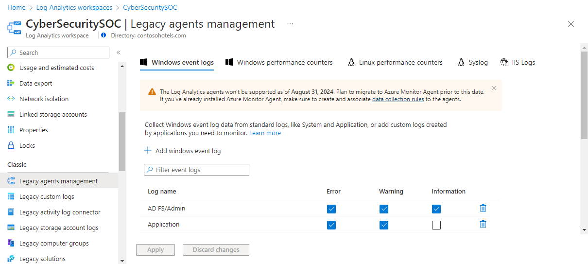 Screenshot that shows the Windows event logs tab on the Legacy agents management screen.