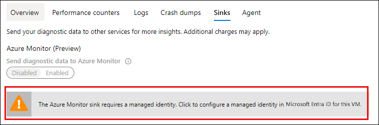 Screenshot that shows the managed identity warning.