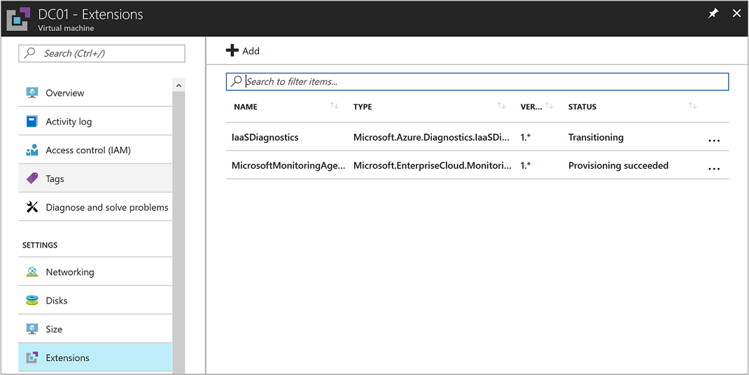 Screenshot that shows the VM Extensions view.