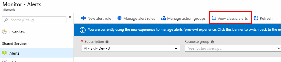 Screenshot that shows alert choices in the Azure portal.