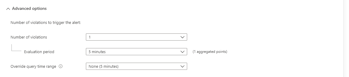 Screenshot that shows the section for advanced options in a new log search alert rule.