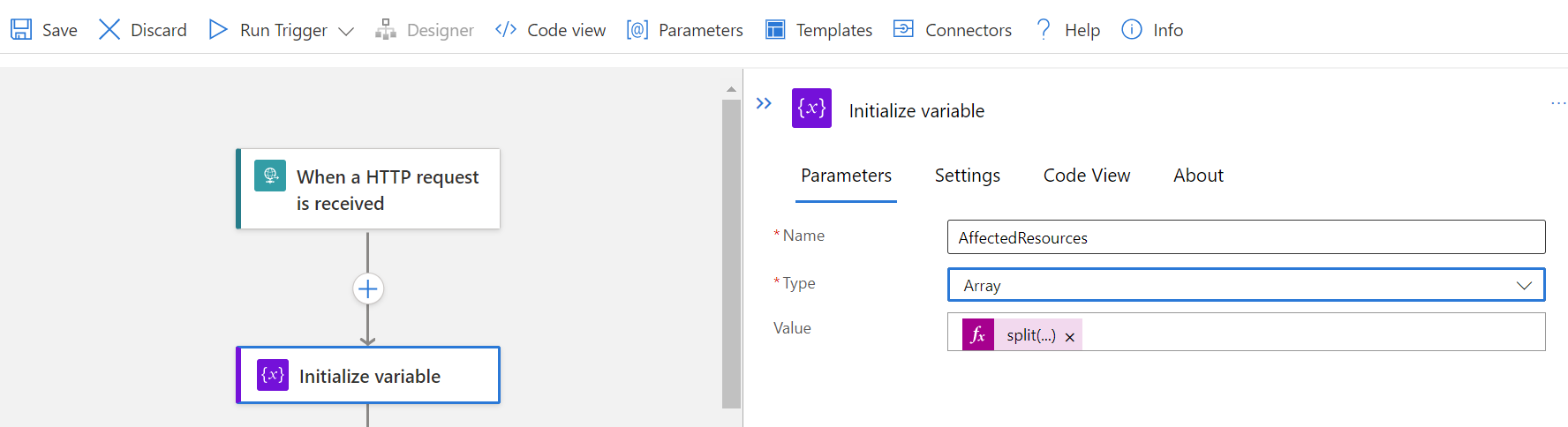 Screenshot that shows the Parameters tab for the Initialize variable pane.