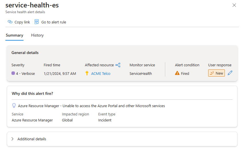 Screenshot that shows the Alerts details page in the Azure portal.