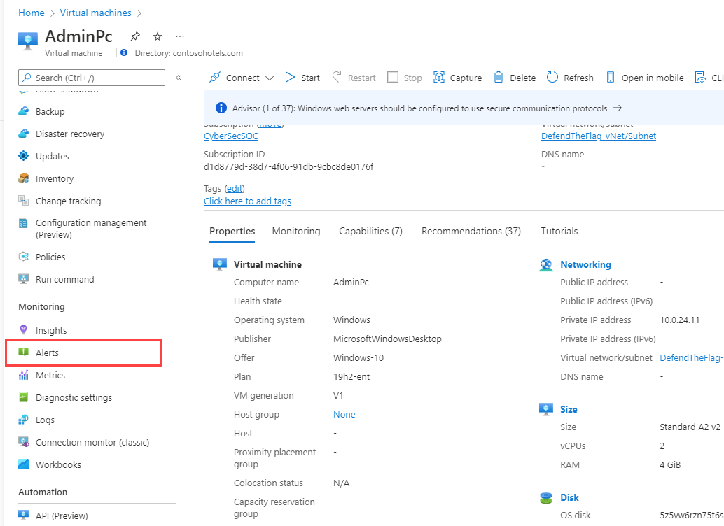 Screenshot that shows Alerts on the menu of a resource in the Azure portal.