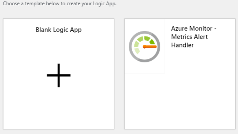 Screenshot shows two buttons, Blank Logic App and Azure Monitor – Metrics Alert Handler.
