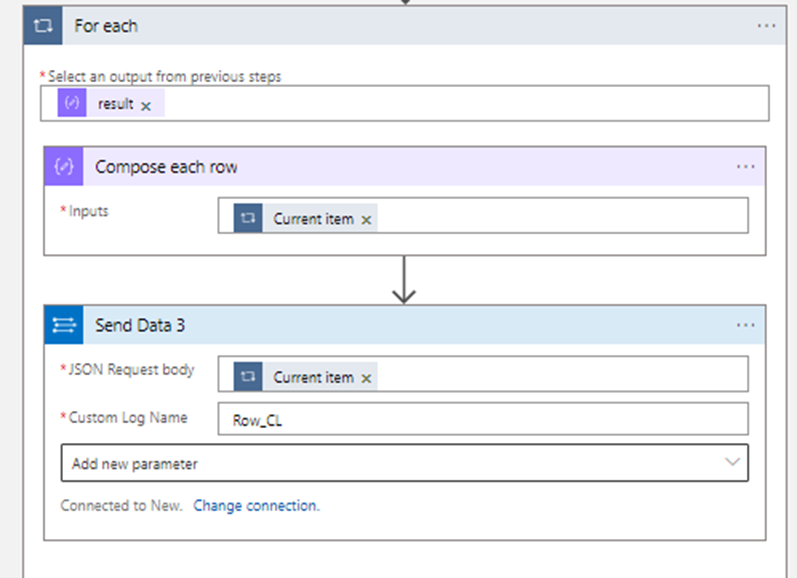 Screenshot showing loop that imports data into a Log Analytics workspace.