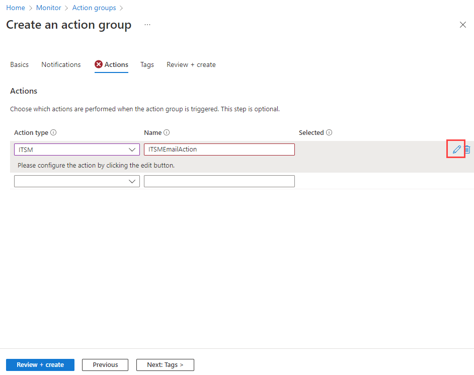 Screenshot that shows selections for creating an action group.