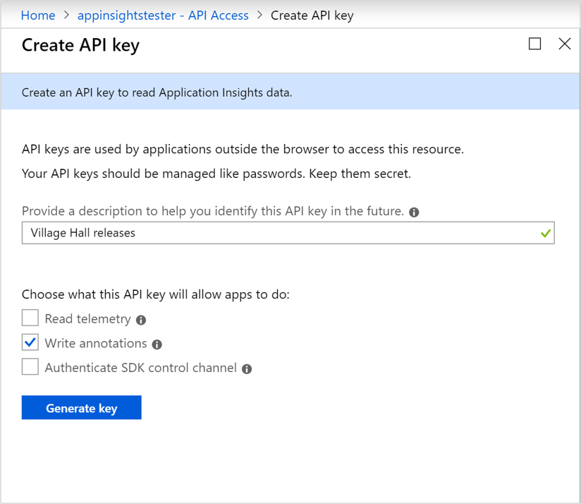 In the Create API key window, type a description, select Write annotations, and then select Generate key.