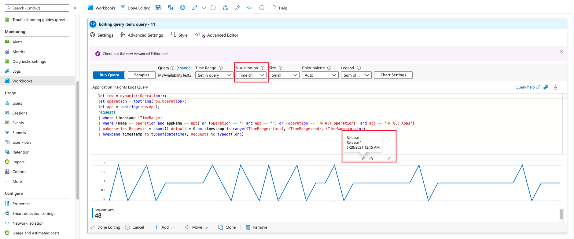 Screenshot of workbooks pane with time series log-based query with annotations displayed.