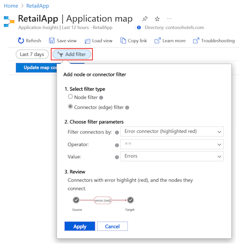 Screenshot that shows how to open the Add filter option in Application map.