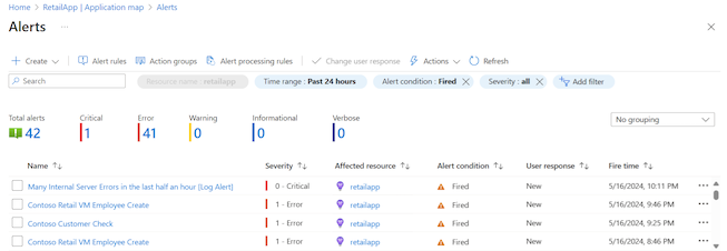 Screenshot that shows the list of alerts for the selected component.