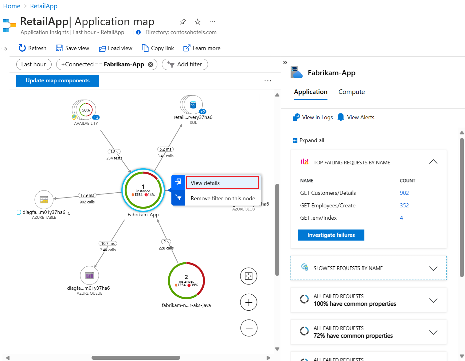 Screenshot that shows how to view details for a selected node in an application map.