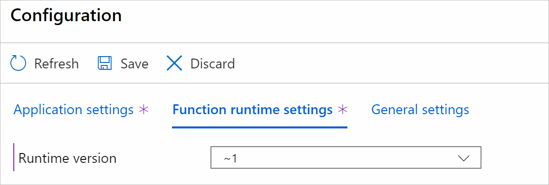 Screenshot that shows the Function runtime settings tab.