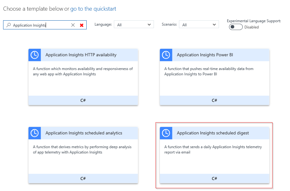Screenshot that shows New Function Application Insights Template.