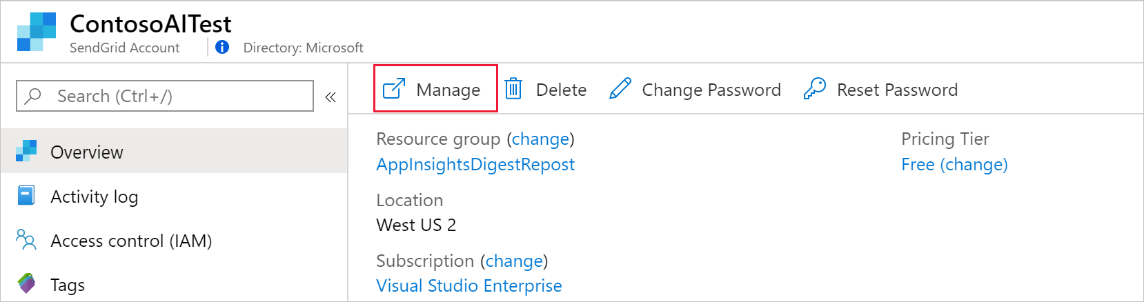 Screenshot that shows the Manage button.