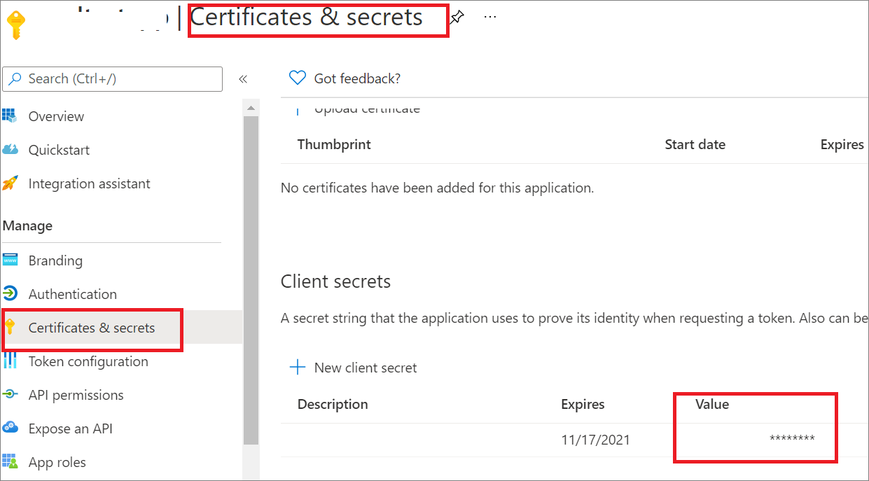 Screenshot that shows the Client secrets section with the client secret.