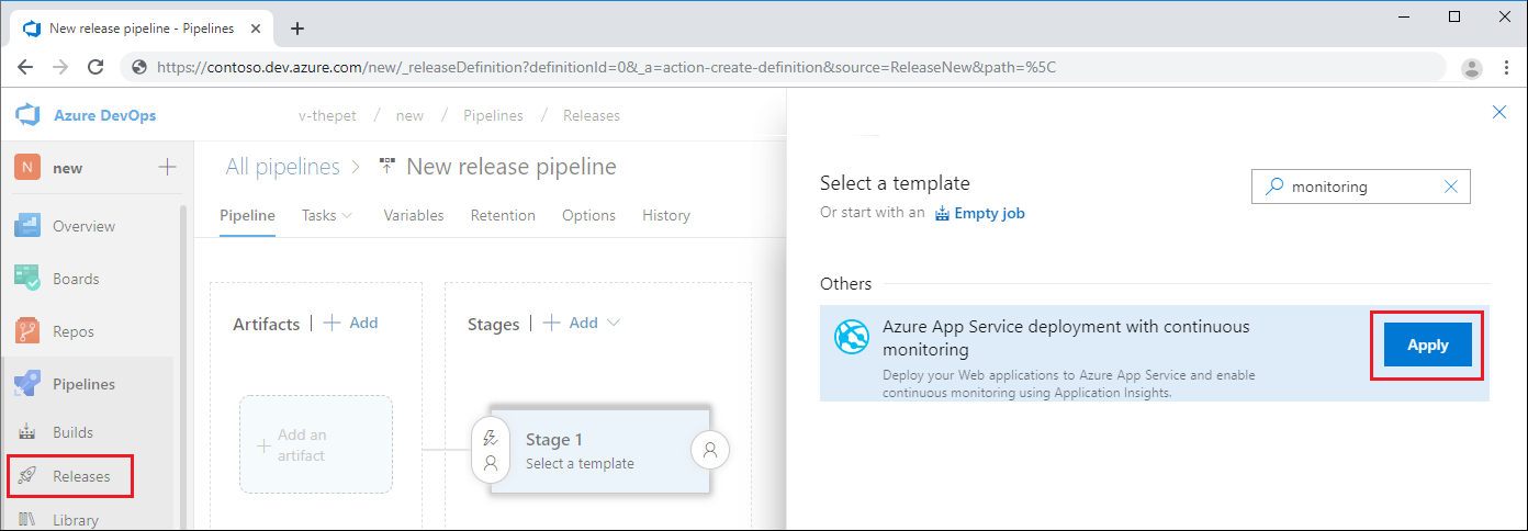 Screenshot that shows a new Azure Pipelines release pipeline.
