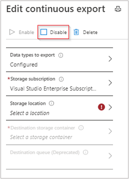 Screenshot that shows the Continuous export Disable button.