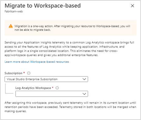 Screenshot that shows the Migration wizard UI with the option to select target workspace.