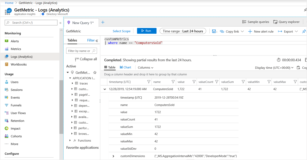 Screenshot that shows the Log Analytics query view.