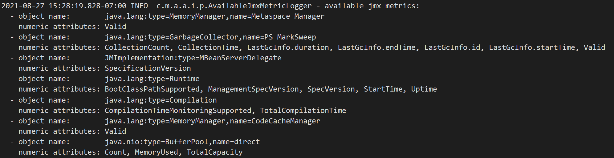 Screenshot of available JMX metrics in the log file.