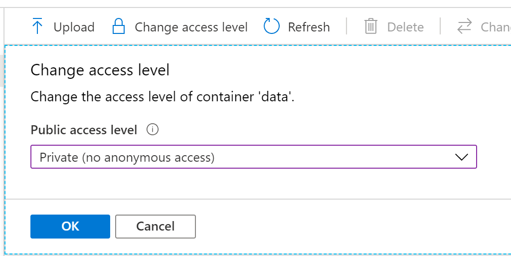 Screenshot that shows setting the container access level to Private.