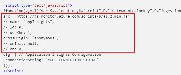 Screenshot of the JavaScript (Web) SDK Loader Script. The parameters for configuring the JavaScript (Web) SDK Loader Script are highlighted.