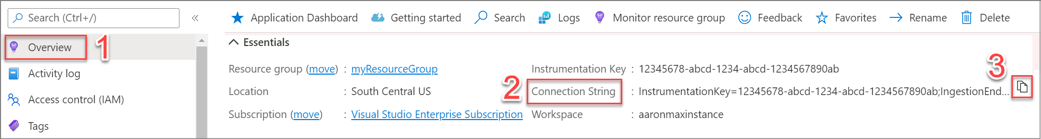 Screenshot that shows Application Insights overview and connection string.