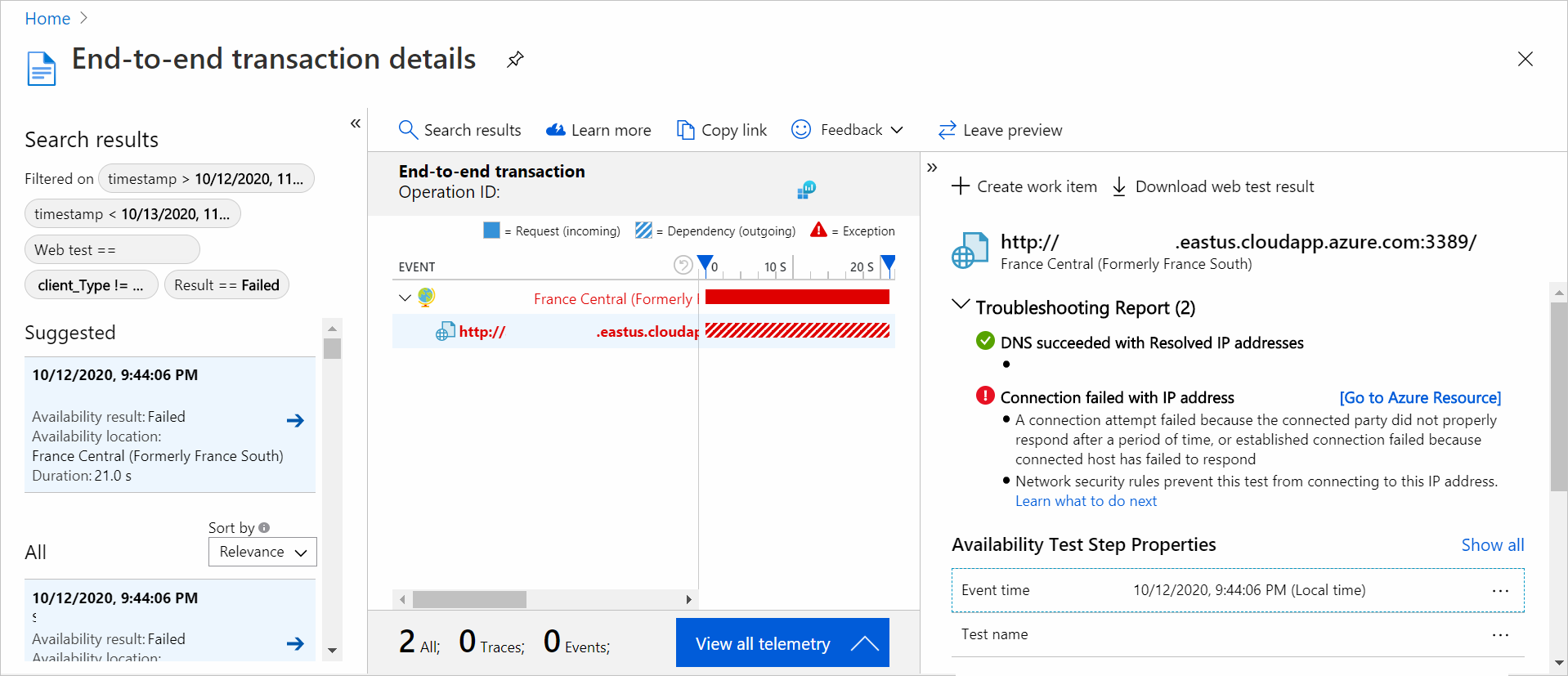 Screenshot that shows the tab for end-to-end transaction details.