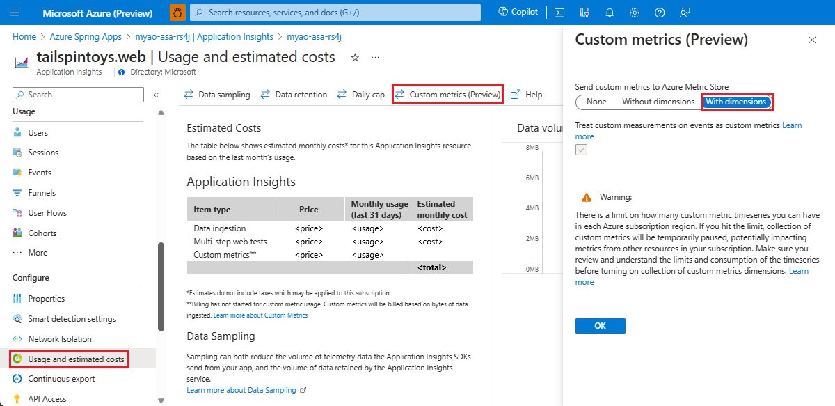 Screenshot that shows usage and estimated costs.
