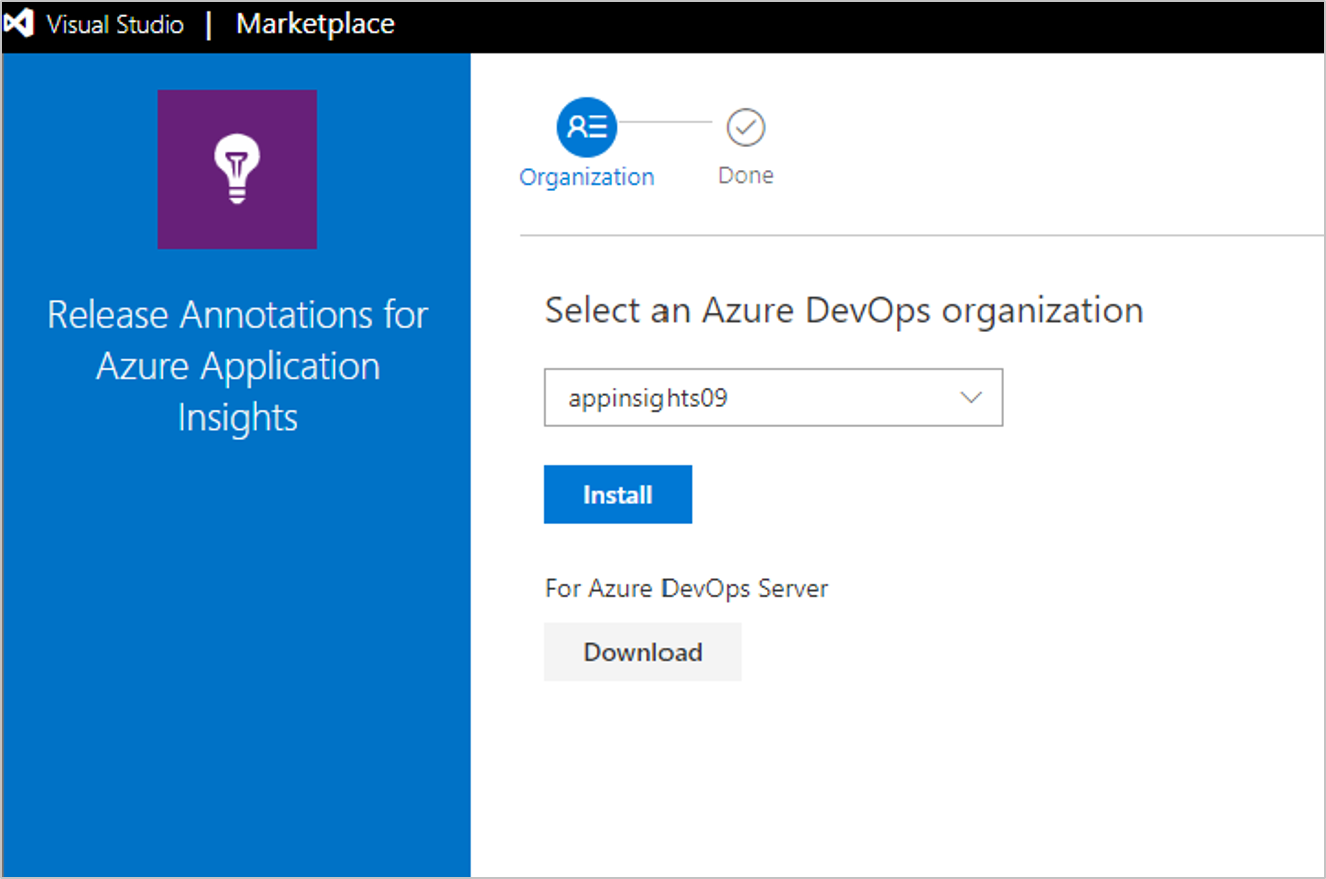 Screenshot that shows selecting an Azure DevOps organization and selecting Install.