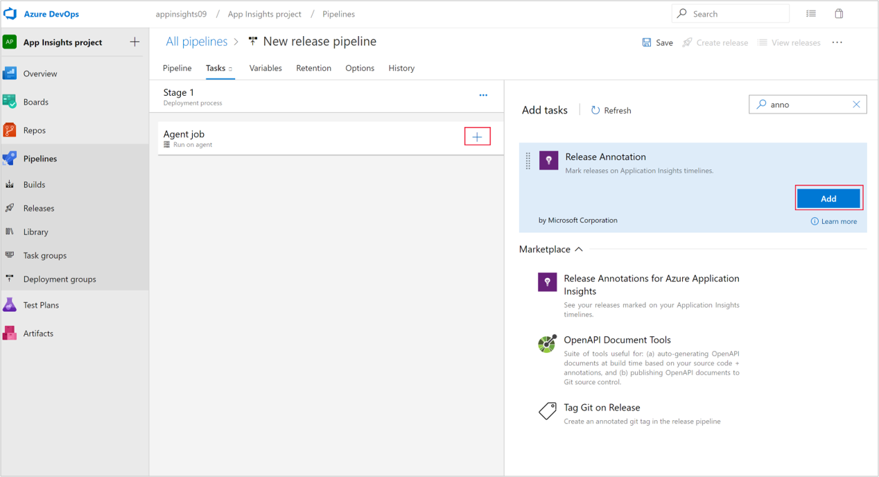Screenshot that shows selecting Add Task and Application Insights Release Annotation.