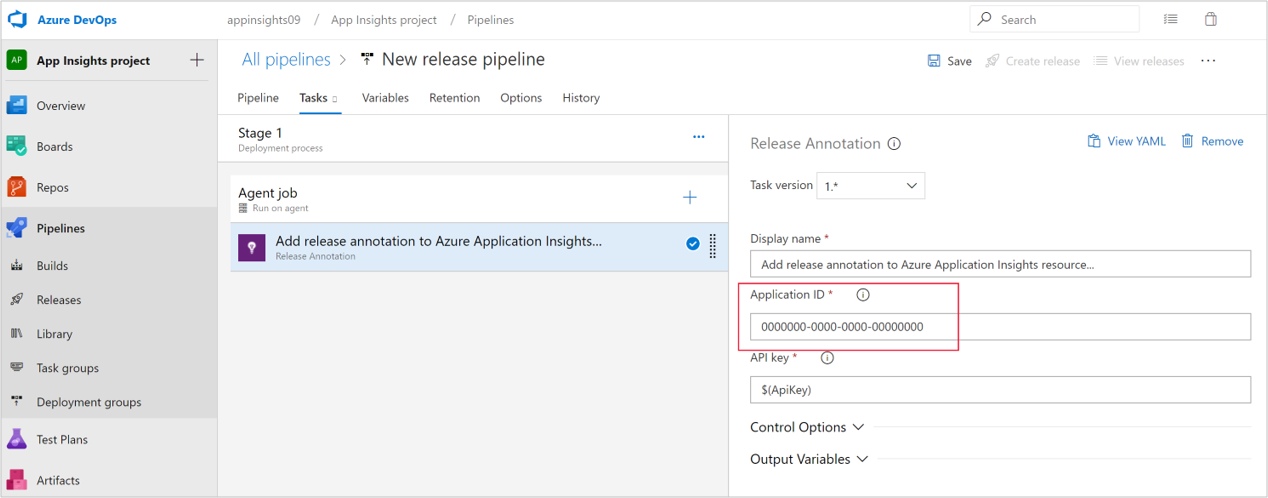 Screenshot that shows pasting the Application Insights ID.