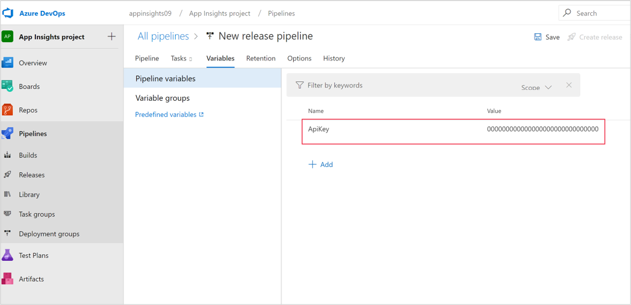 Screenshot that shows in the Azure DevOps Variables tab, selecting Add, naming the variable ApiKey, and pasting the API key under Value.
