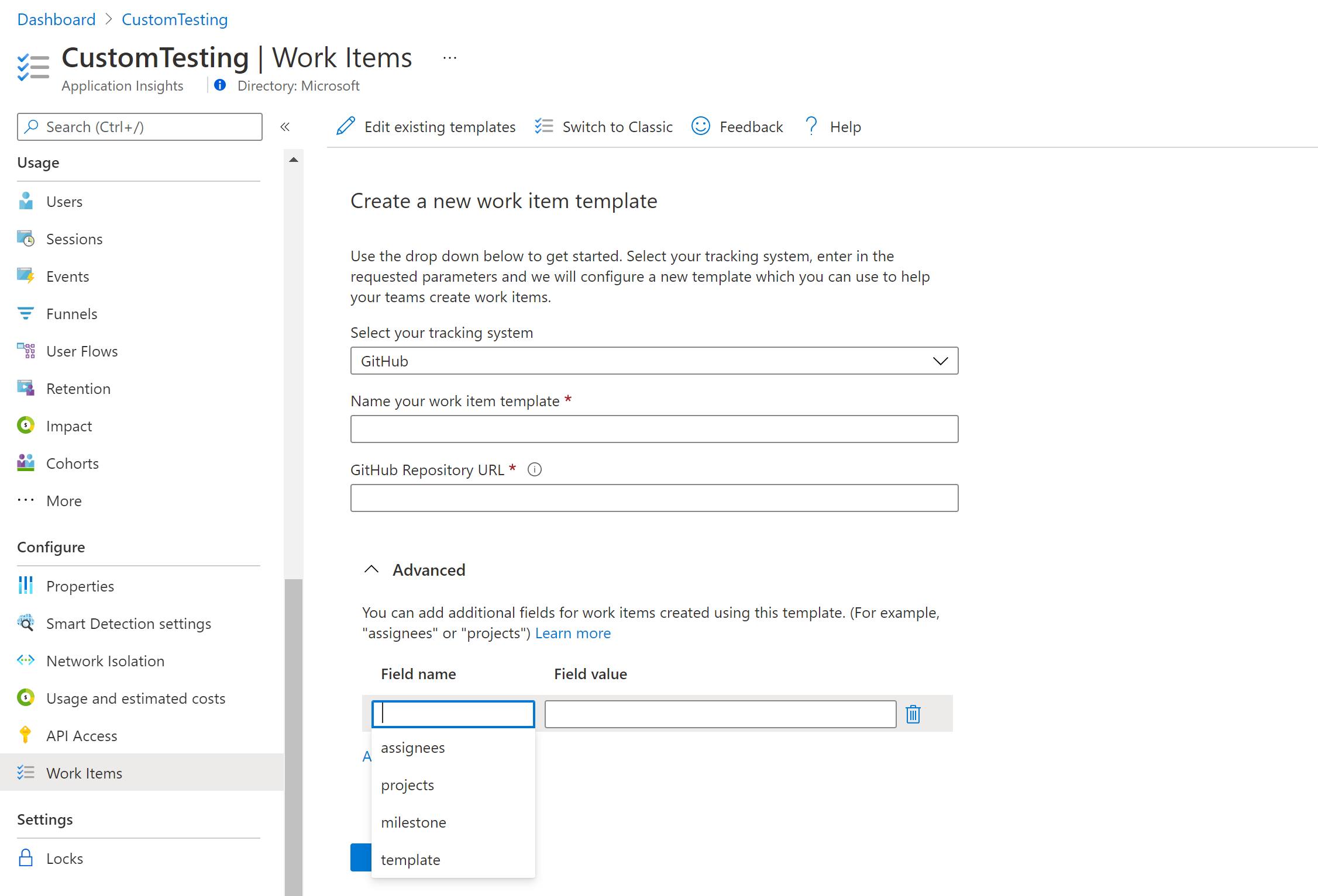  Screenshot of create a new work item workbook template.
