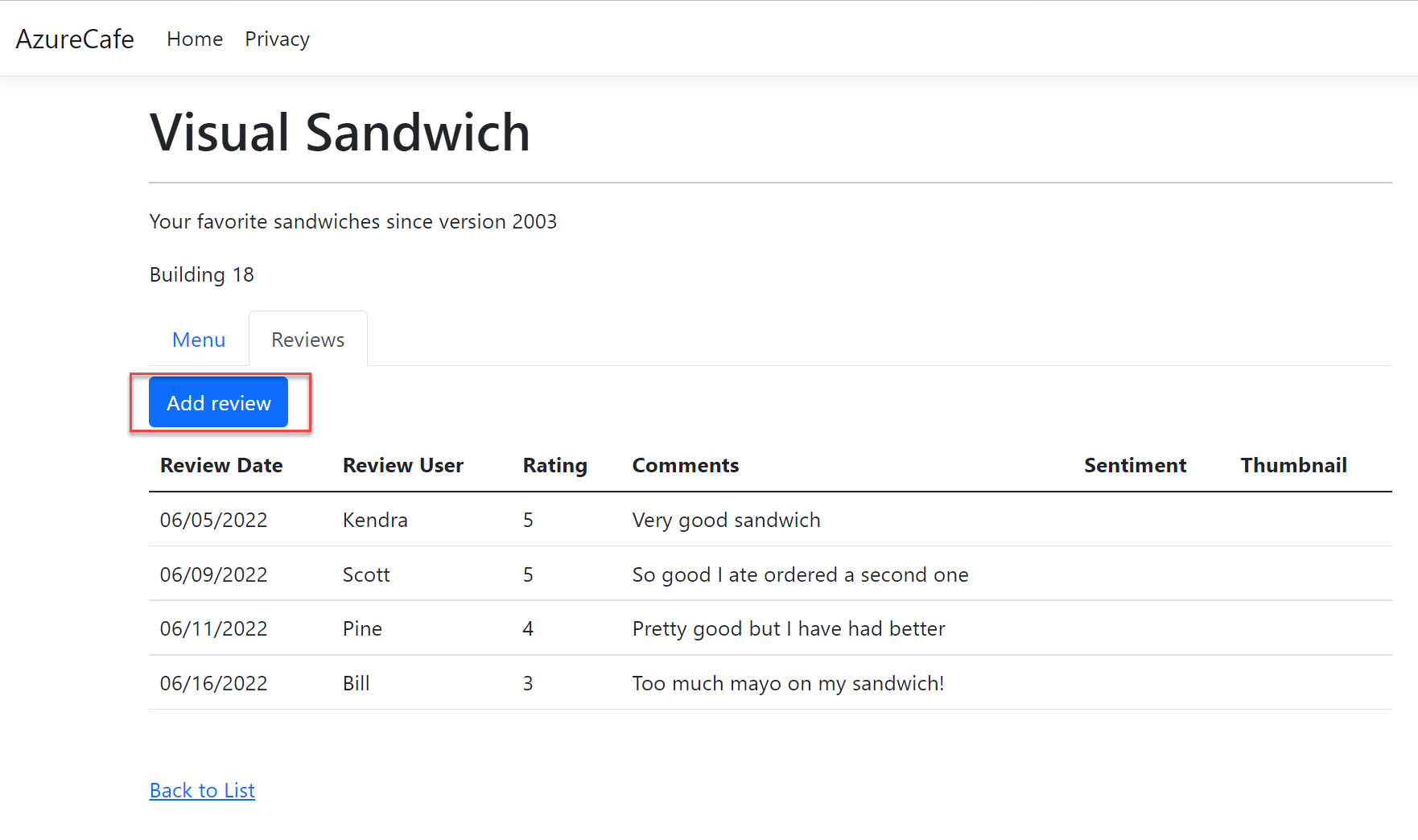 Screenshot of the Cafe details screen in the Azure Cafe web application with the Add review button highlighted.