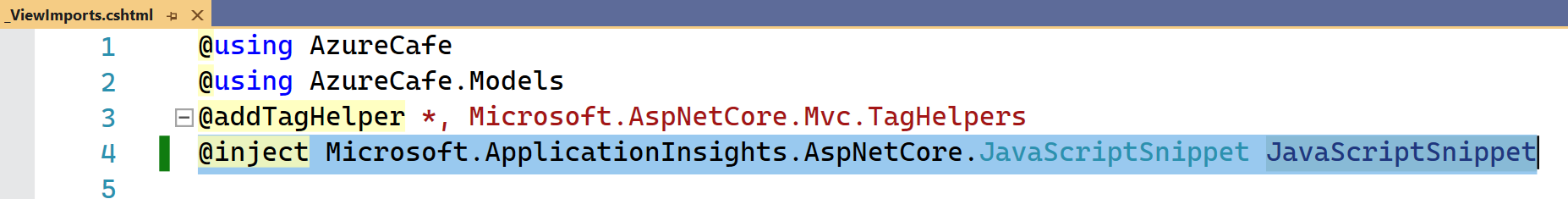 Screenshot of the _ViewImports.cshtml file in Visual Studio with the preceding line of code highlighted.