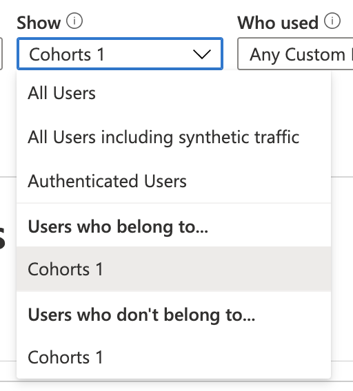 Screenshot that shows the Show dropdown, showing a cohort.
