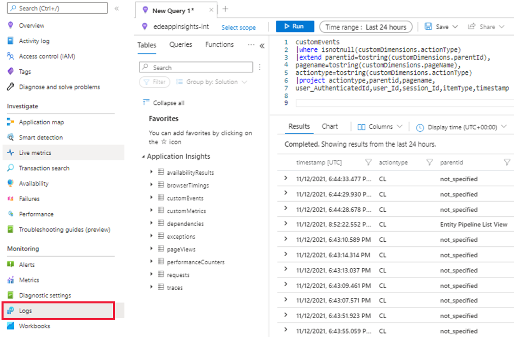 Screenshot that shows the Log section under Monitoring in Application Insights. Also displays a sample query in the log section to retrieve application data.
