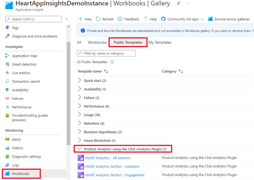 Screenshot that shows the location of the HEART workbooks in Azure Application Insights.