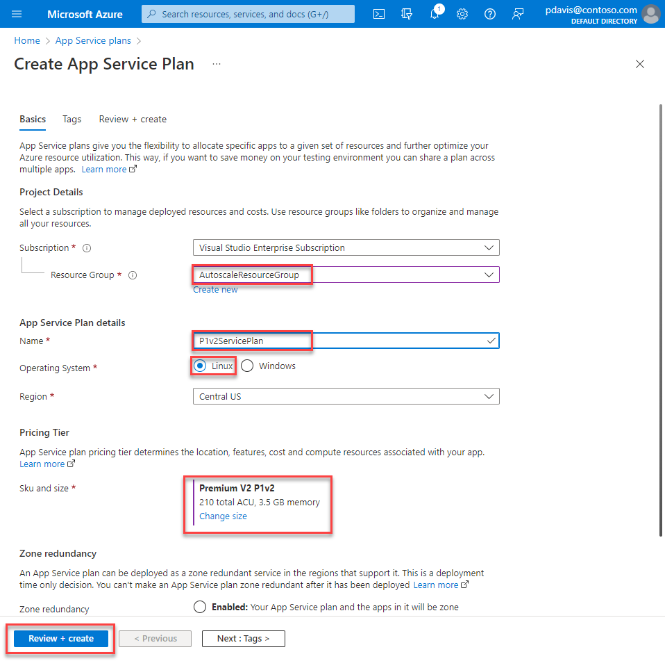 Screenshot that shows the Basics tab of the Create App Service Plan screen on which you configure the App Service plan.