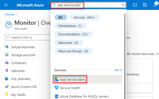 Screenshot that shows searching for App Service plans.