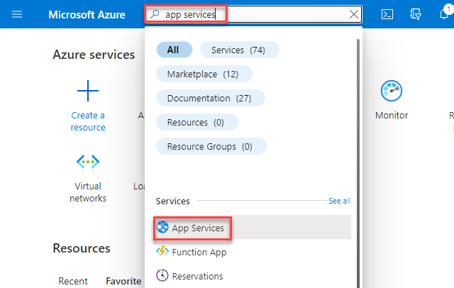 Screenshot that shows searching for App Services.