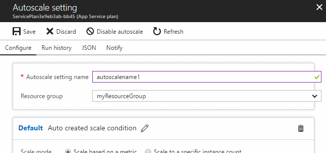 Screenshot shows the Autoscale setting page with a name entered for the setting.