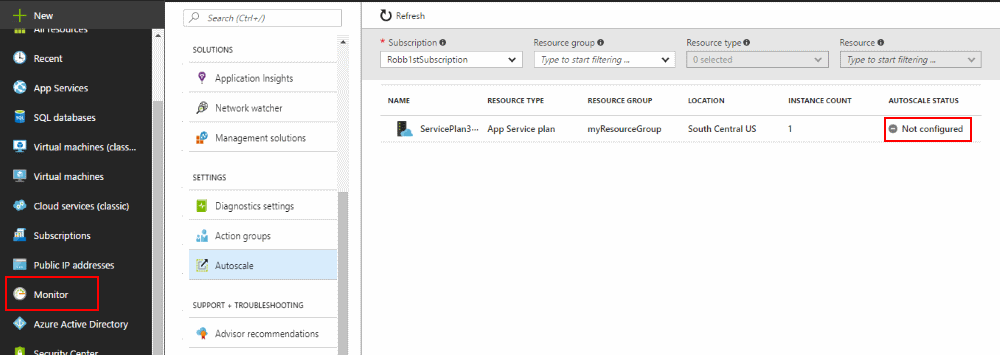 Screenshot shows the Azure portal with Monitor, then Autoscale selected.