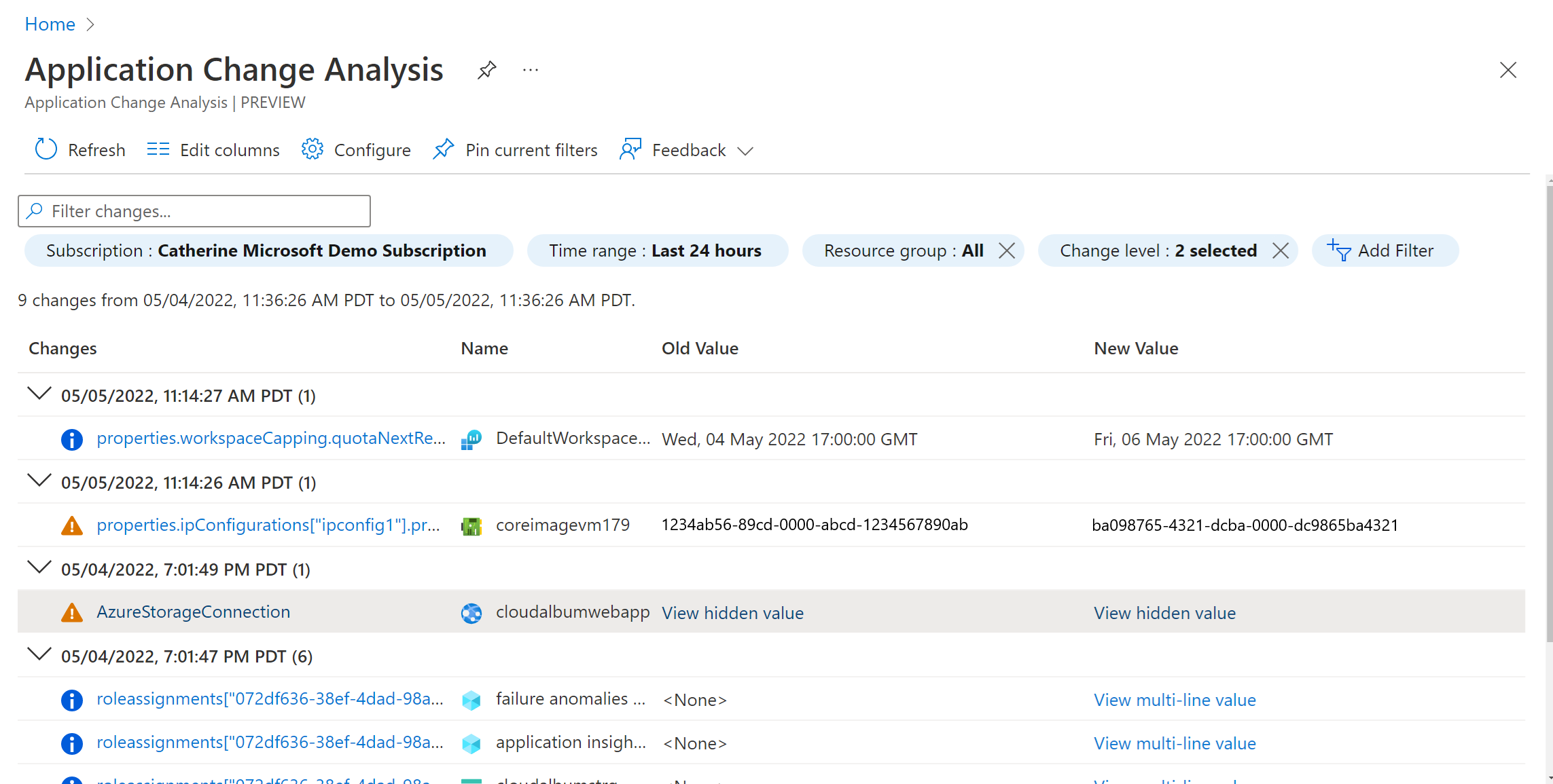 Screenshot of outage entry on the Change Analysis pane.