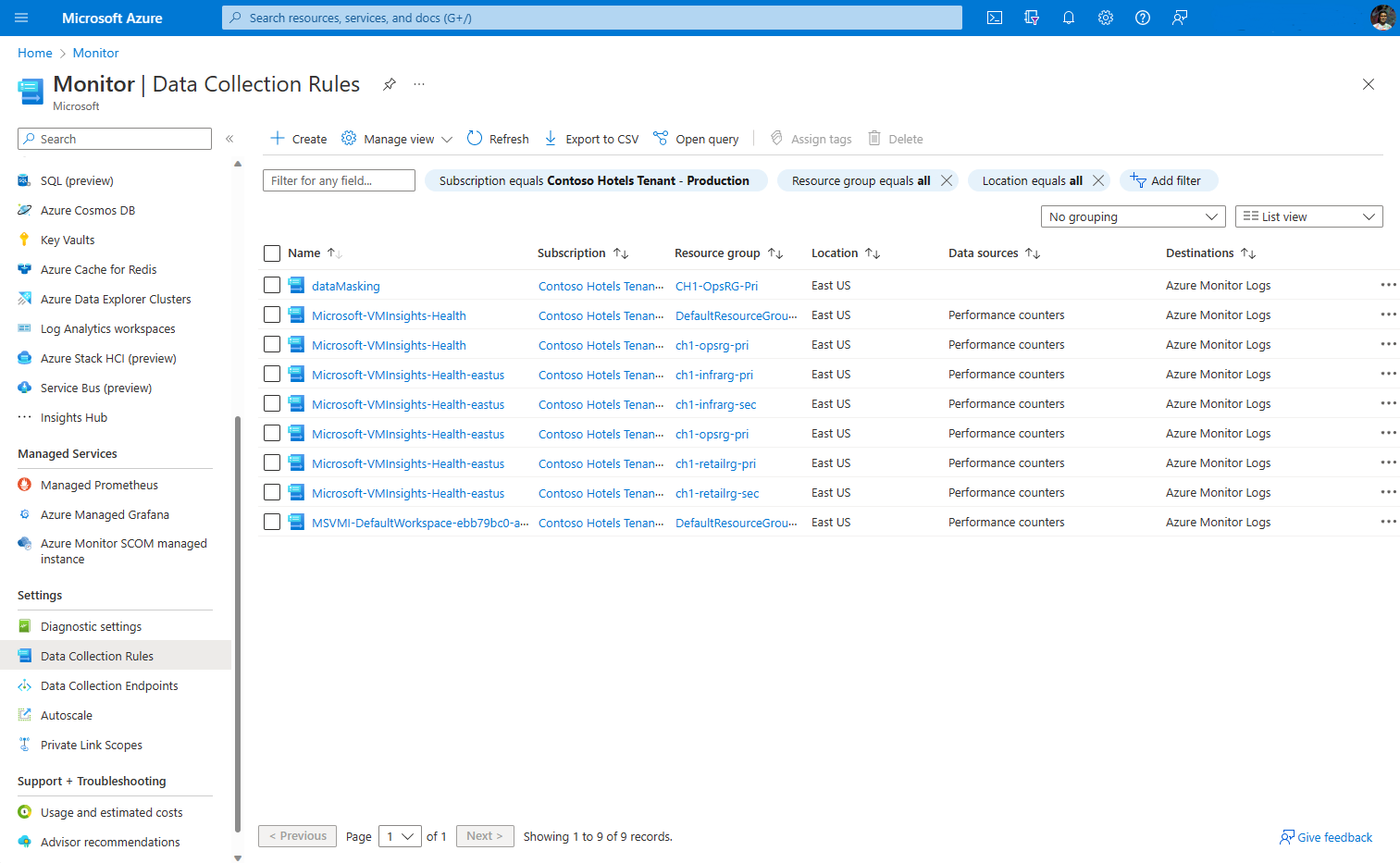 Screenshot of Data Collection Rules tab in the Azure Monitor portal UI.