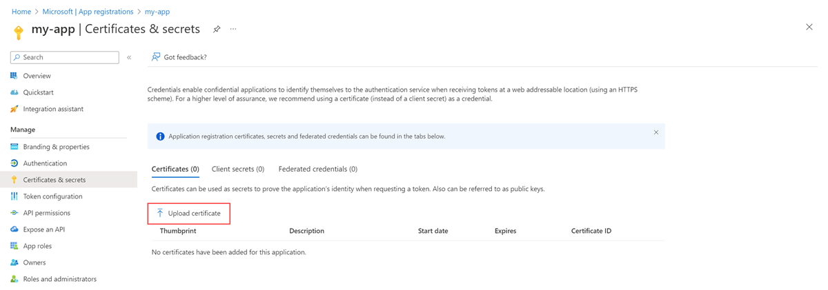 Screenshot showing upload of certificate for Azure Active Directory application.