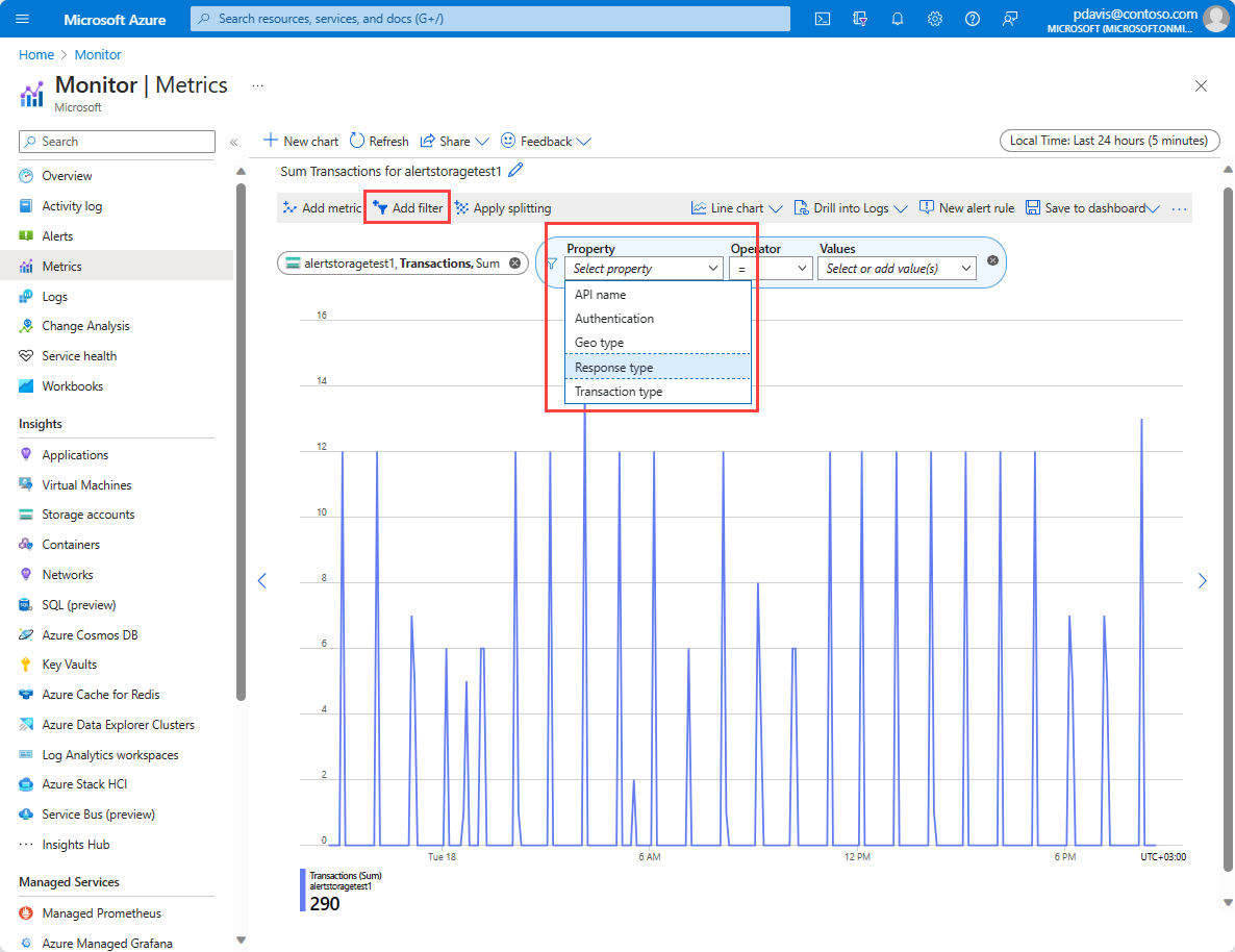 Screenshot that shows the dropdown list for filter properties in metrics explorer.