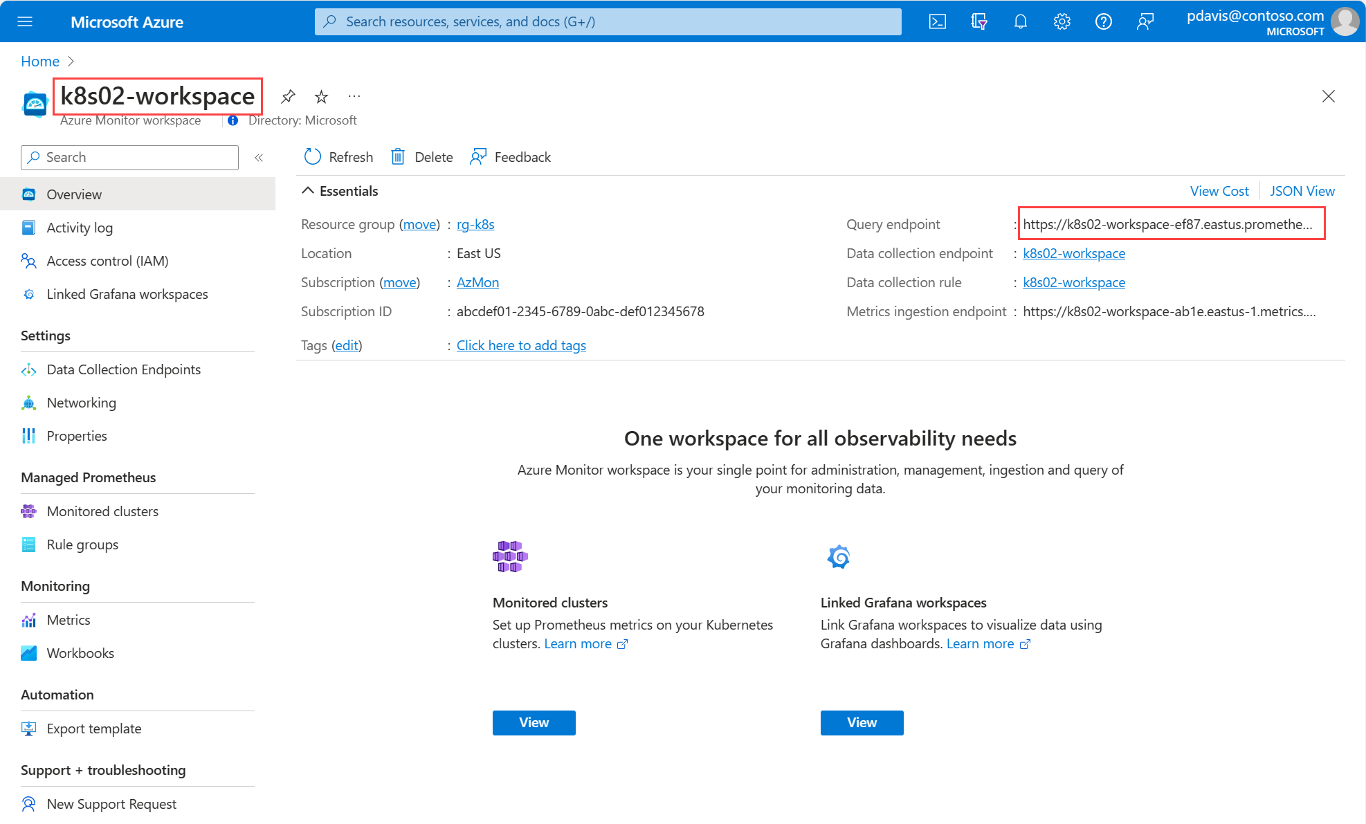 A screenshot showing an Azure Monitor workspace overview page.